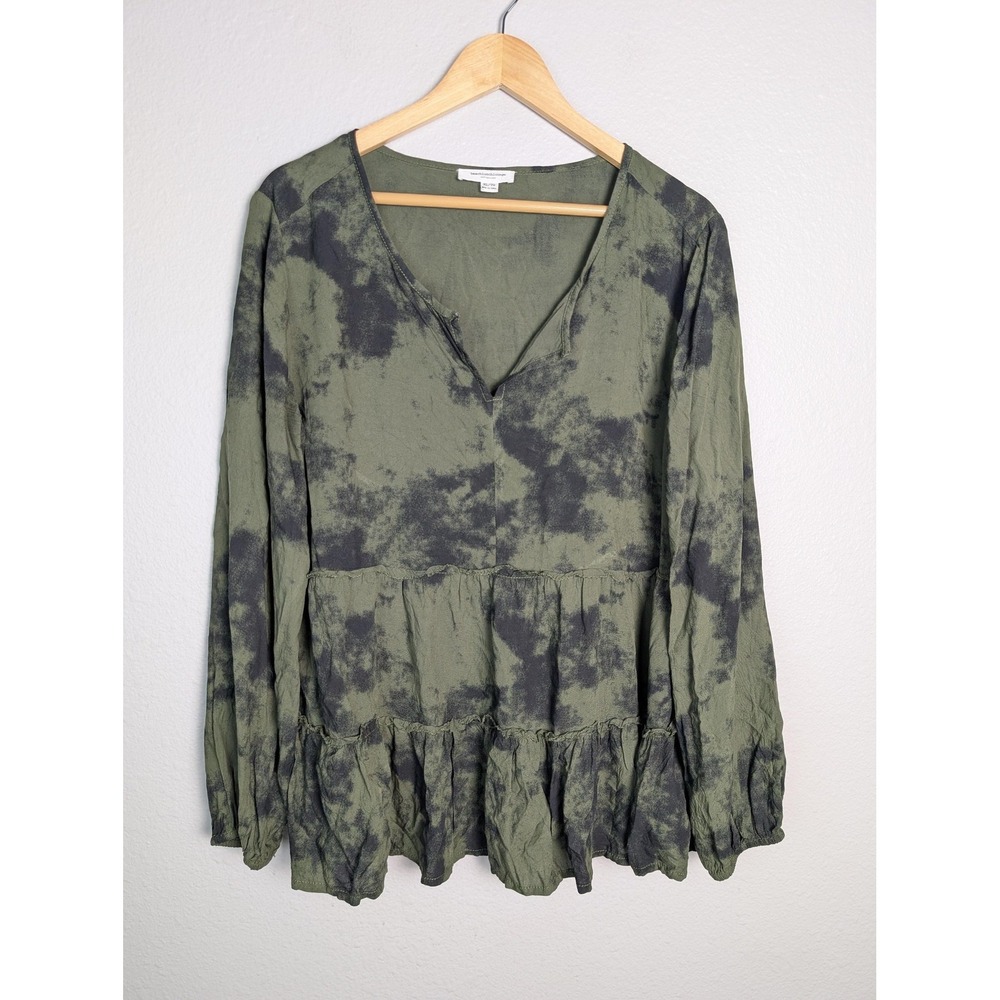 Beachlunchlounge‎ Tunic Blouse Womens XL Green Tie Dye Ruffle Hem Long Sleeve